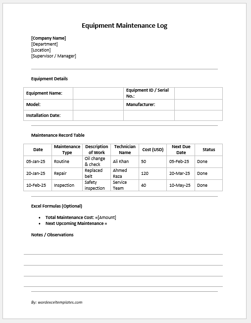 Equipment Maintenance Log