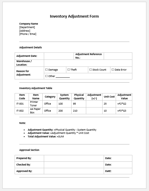Inventory Adjustment Form