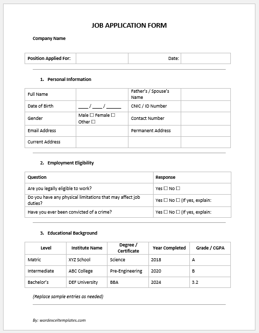 JOB APPLICATION FORM