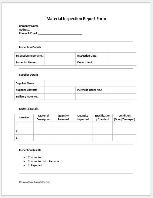 Material Inspection Report Form