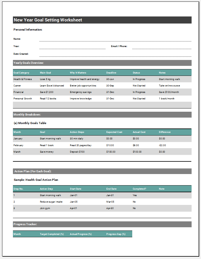 New Year Goal Setting Worksheet