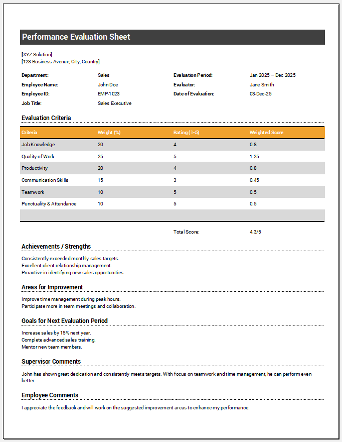 Performance Evaluation Sheet