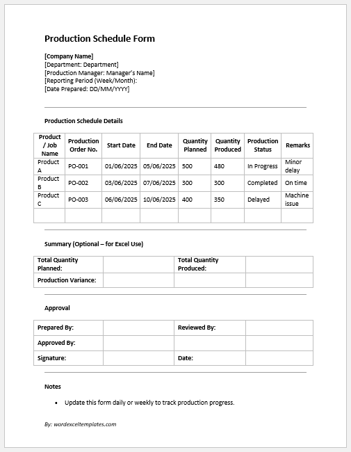 Production Schedule Form