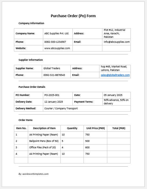 Purchase Order (Po) Form
