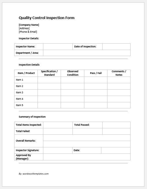 Quality Control Inspection Form