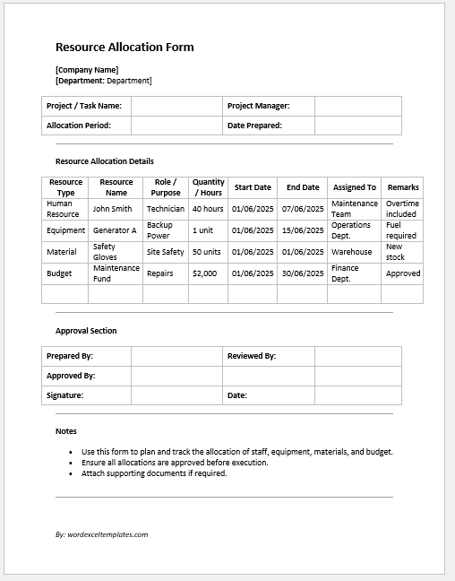 Resource Allocation Form