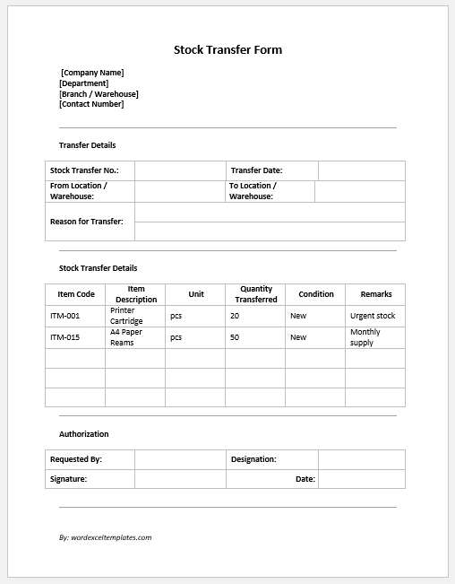 Stock Transfer Form