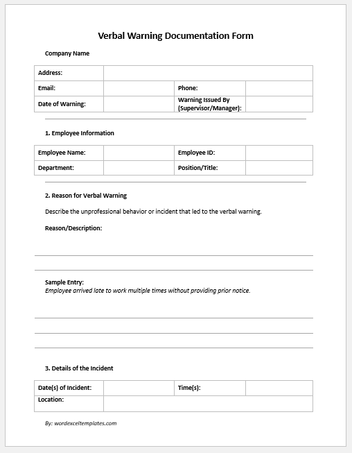 Verbal Warning Documentation Form