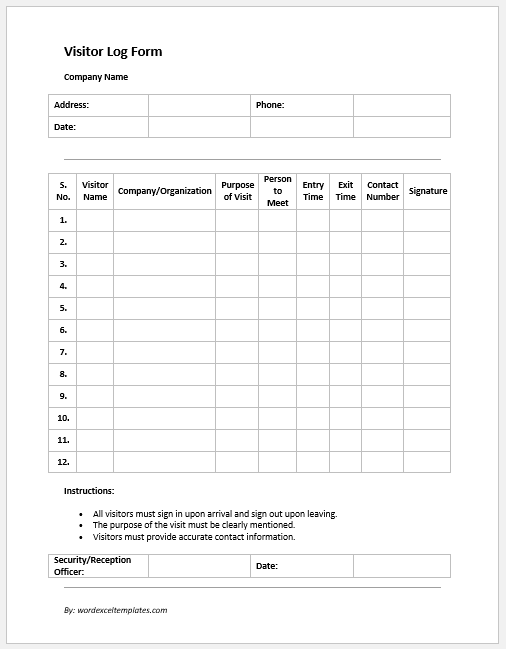 Visitor Log Form