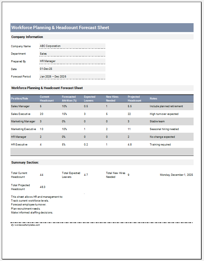Workforce Planning & Headcount Forecast Sheet