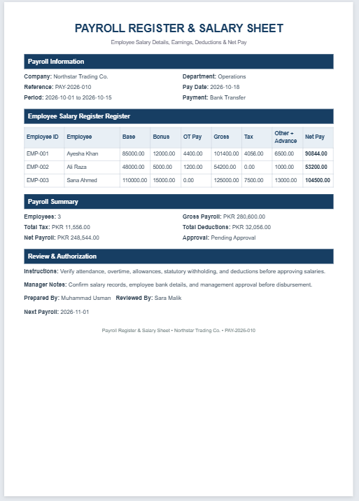 Payroll Register and Salary Sheet