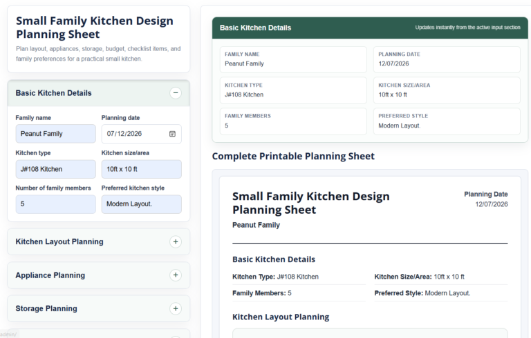 Small Family Kitchen Design Planning Sheet