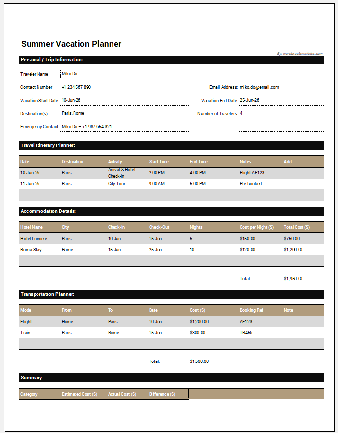 Summer Vacation Planner Template