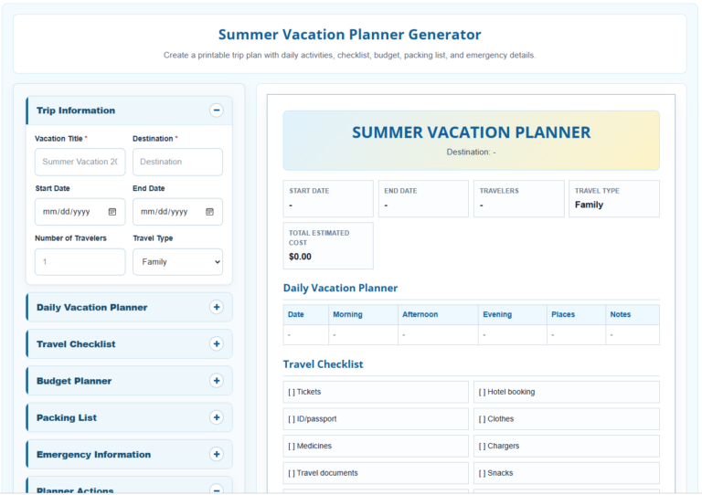 Summer Vacation Planner Template