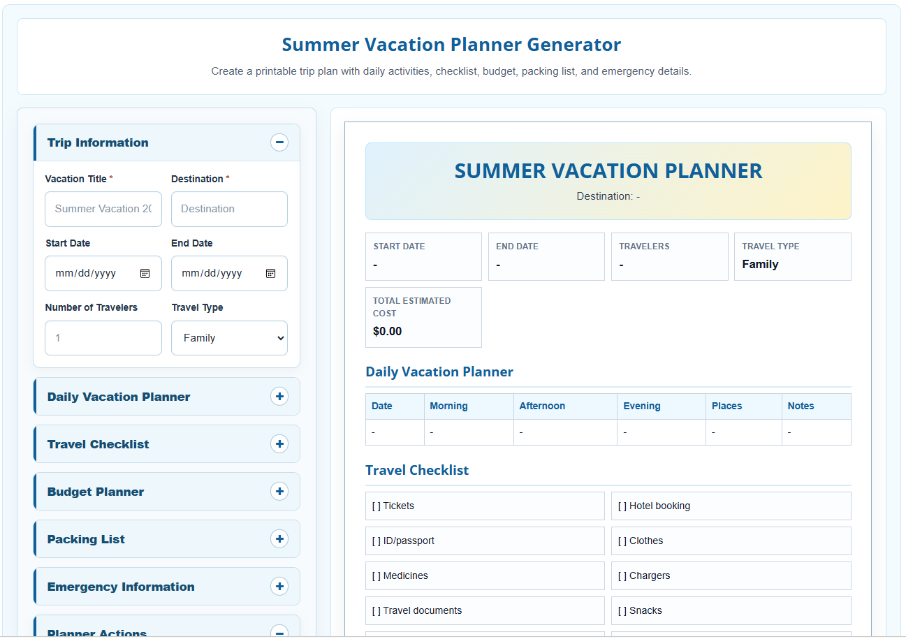 Summer Vacation Planner Template