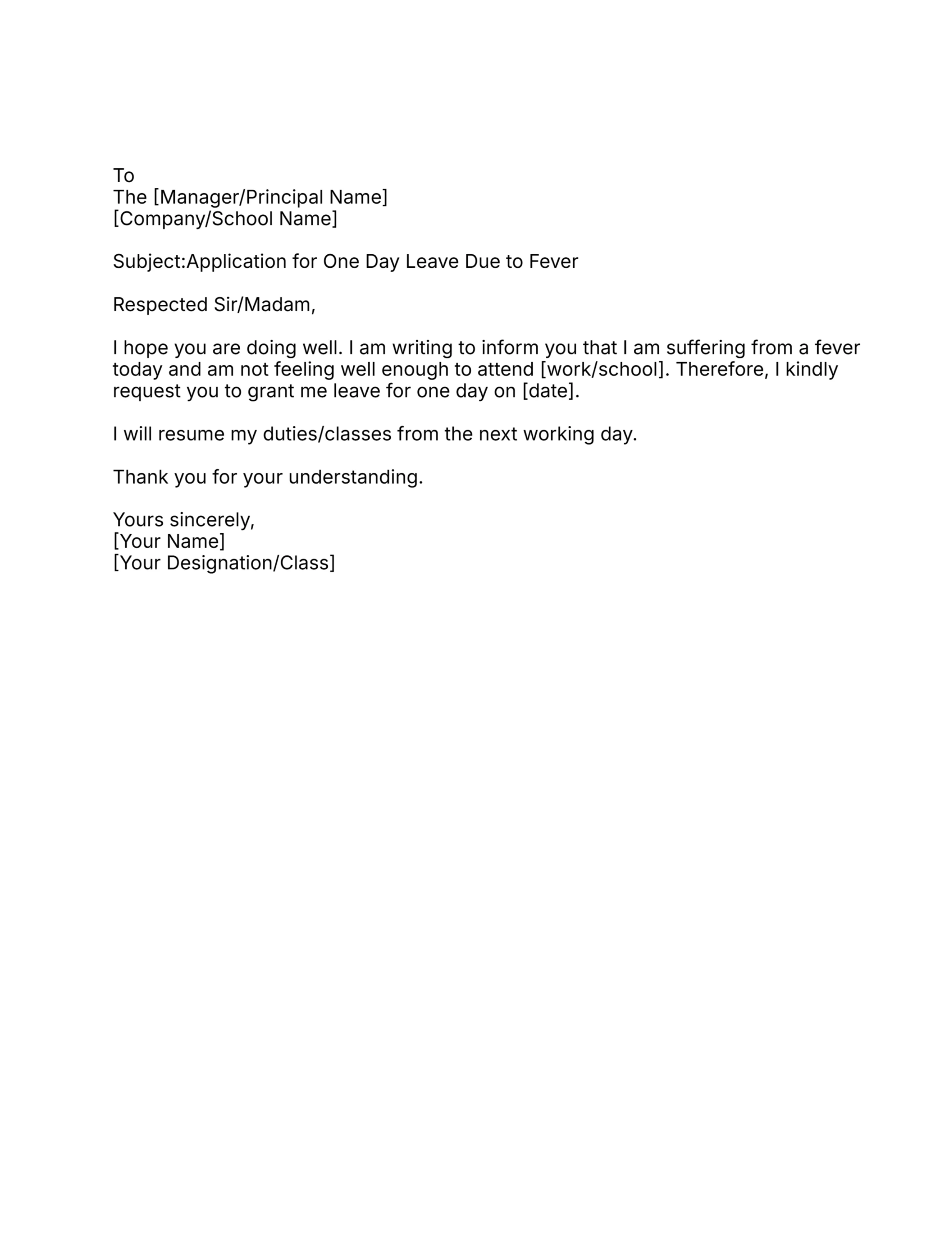 One-Day Leave Application (Due to Fever)