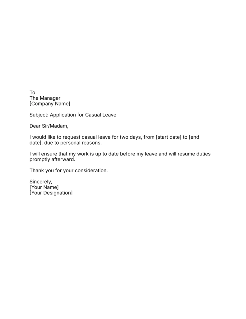 Two-Day Casual Leave Application