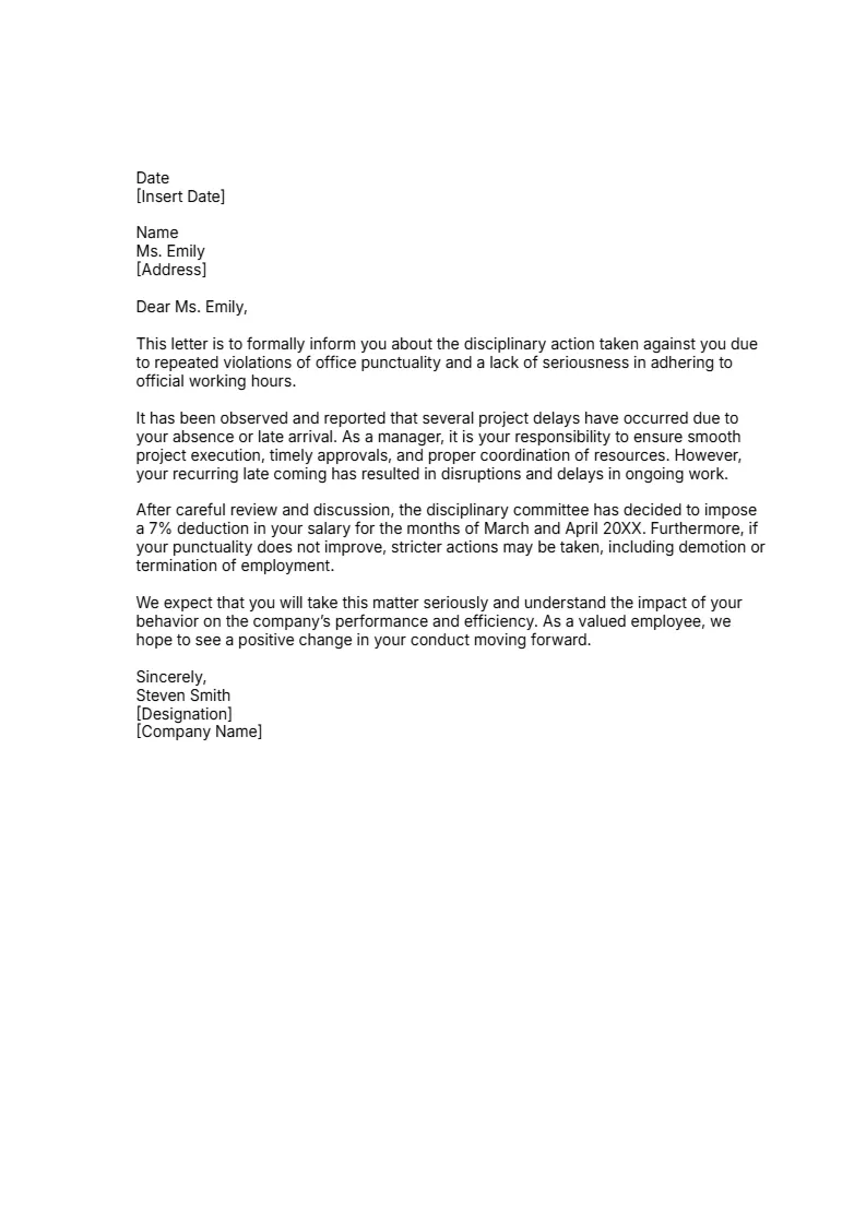 Disciplinary Action Letter for Late Coming -Editor