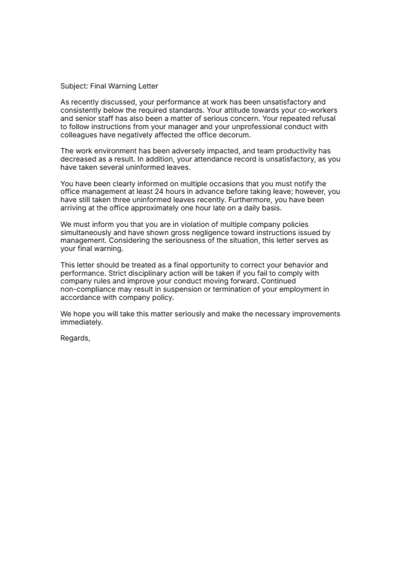 Disciplinary Action Final Warning Letter -Editor
