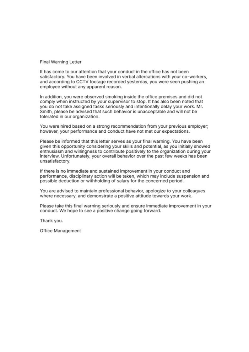 Disciplinary Action Final Warning Letter -Editor