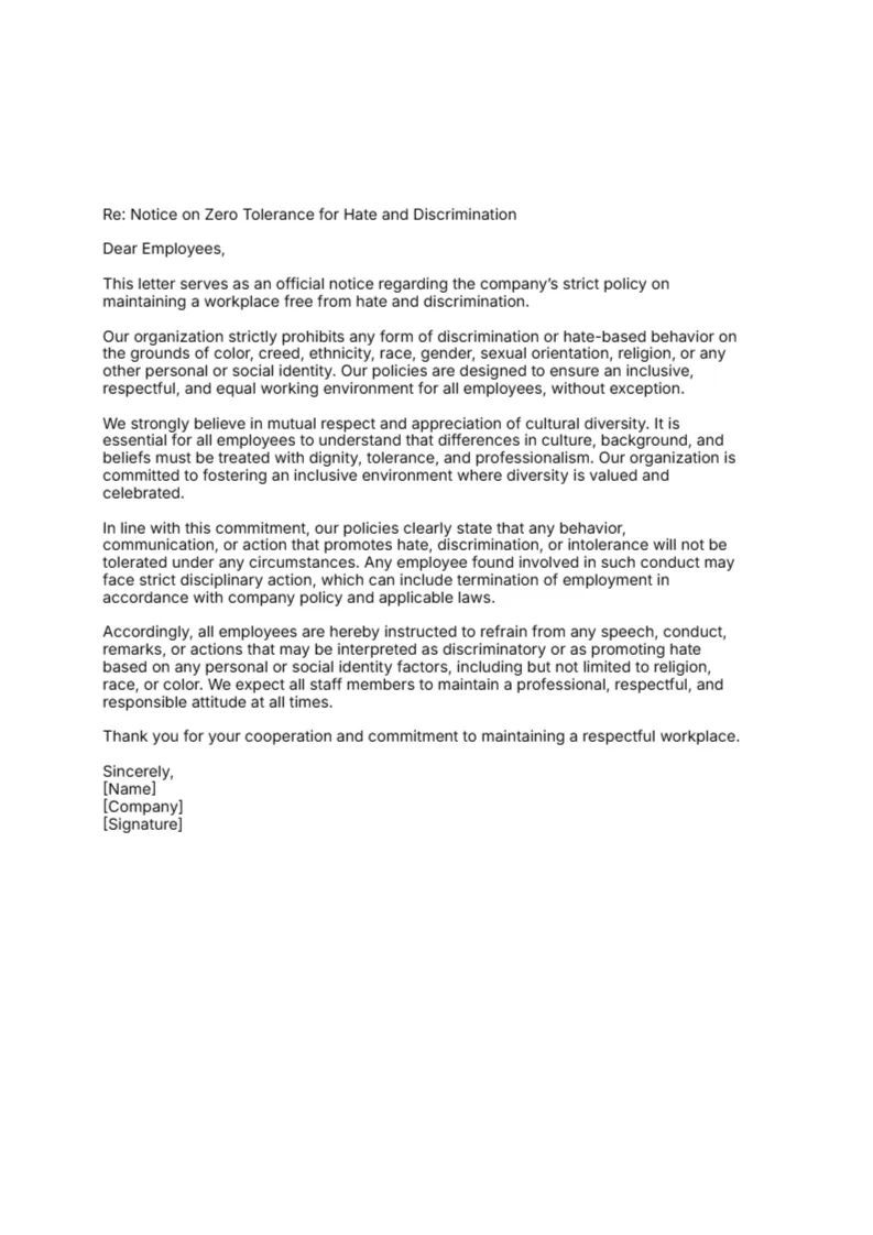 Letter of No Hate and Discrimination at Workplace -Editor