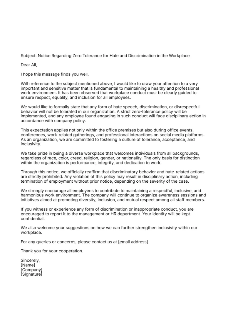 Letter of No Hate and Discrimination at Workplace -Editor