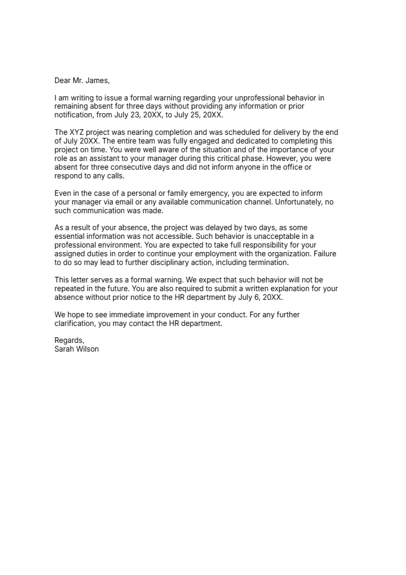 Warning Letter for Absence without Information -Editor