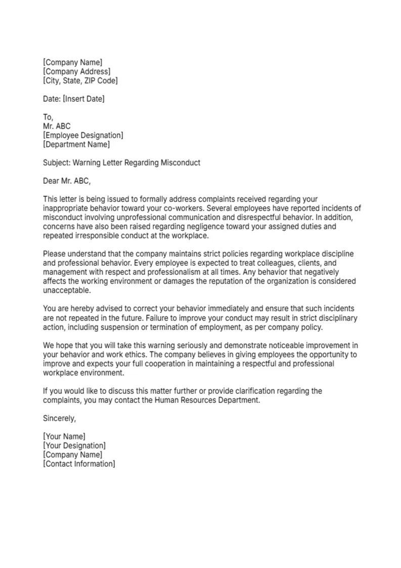Letter to Employee regarding Misconduct -Editor