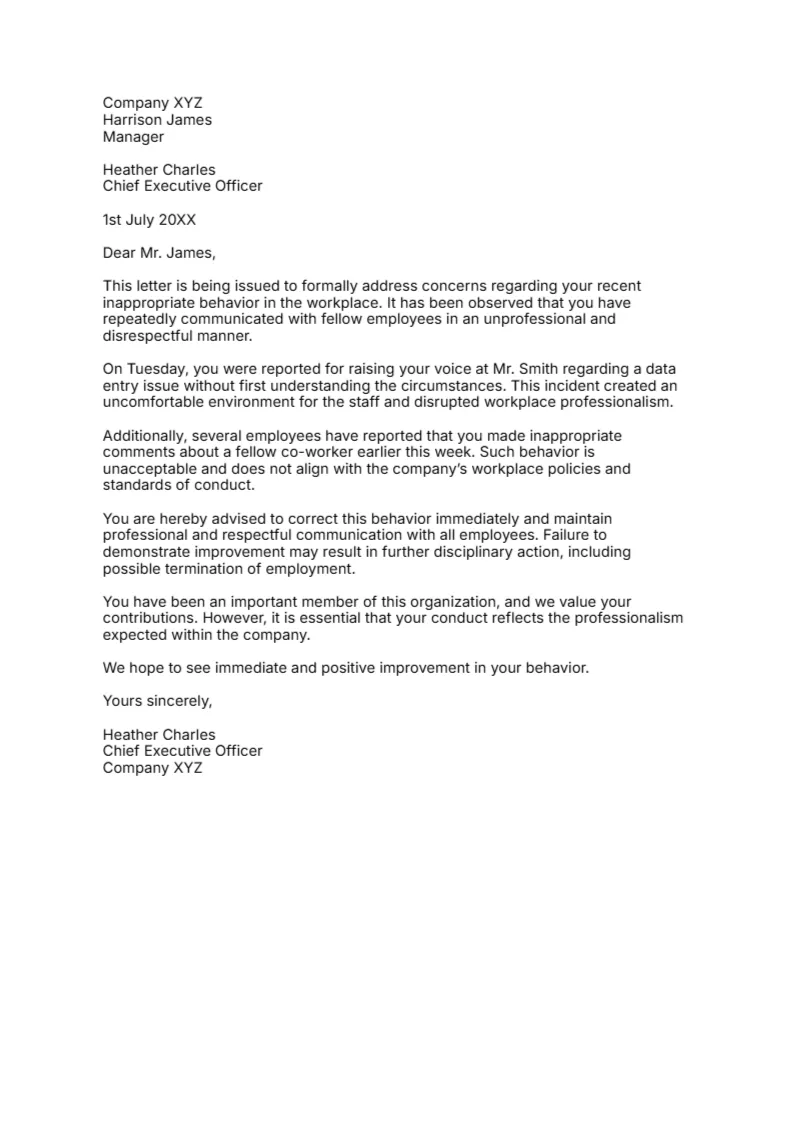 Letter to Employee for Behaving Badly at Workplace -Editor