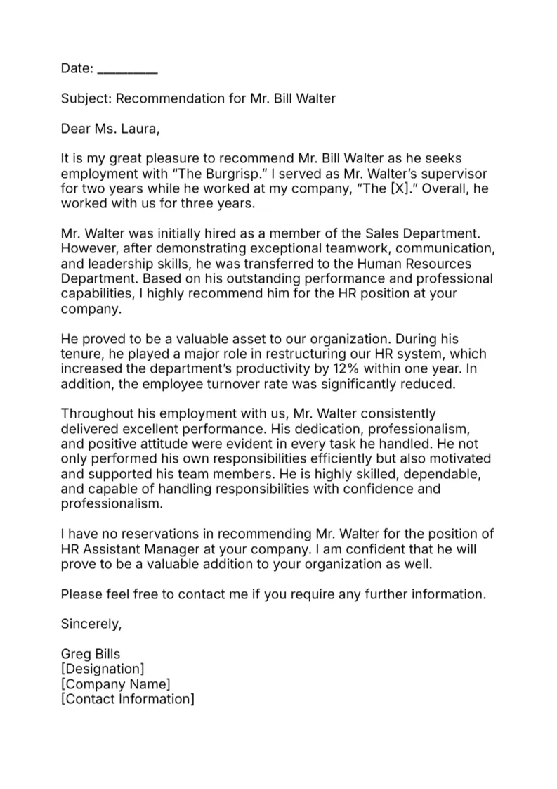 Employee Recommendation Letter -Editor
