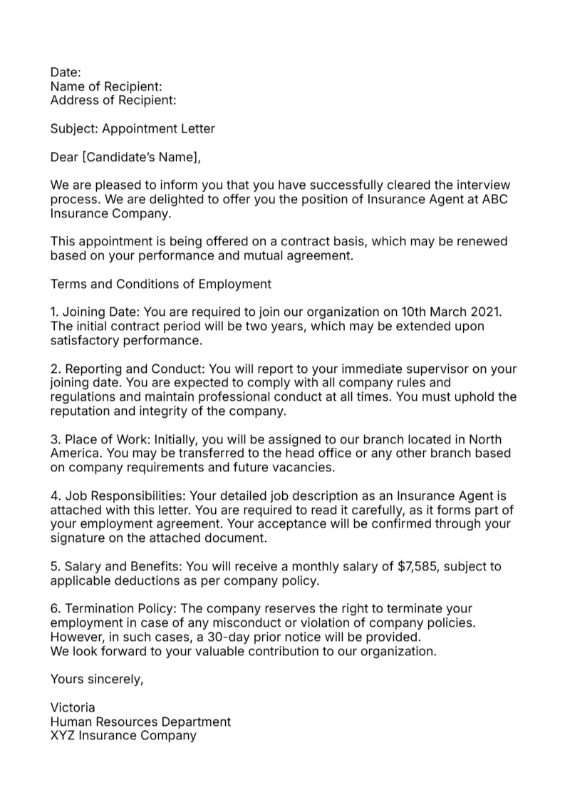 Insurance Company Appointment Letter -Editor