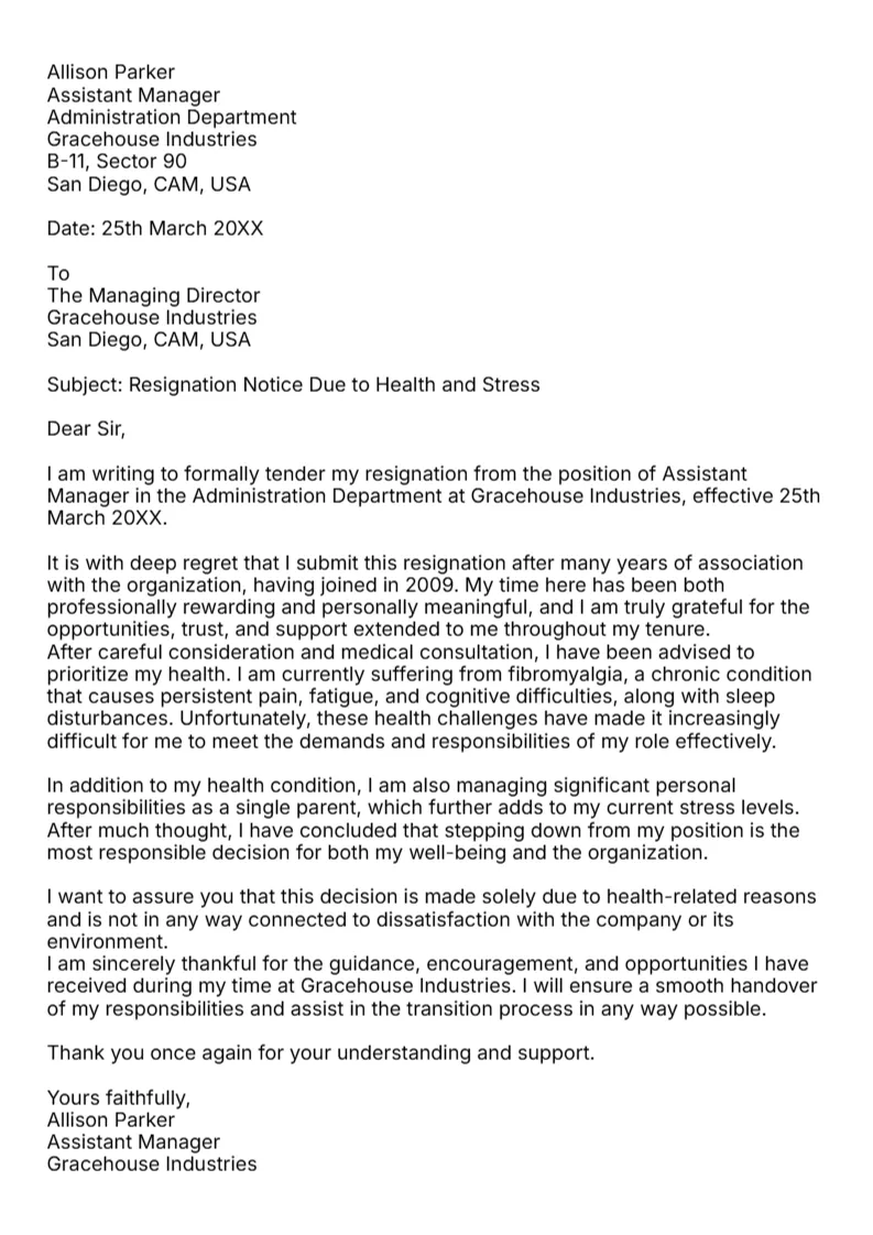 Resignation Letter Due to Health and Stress -Editor