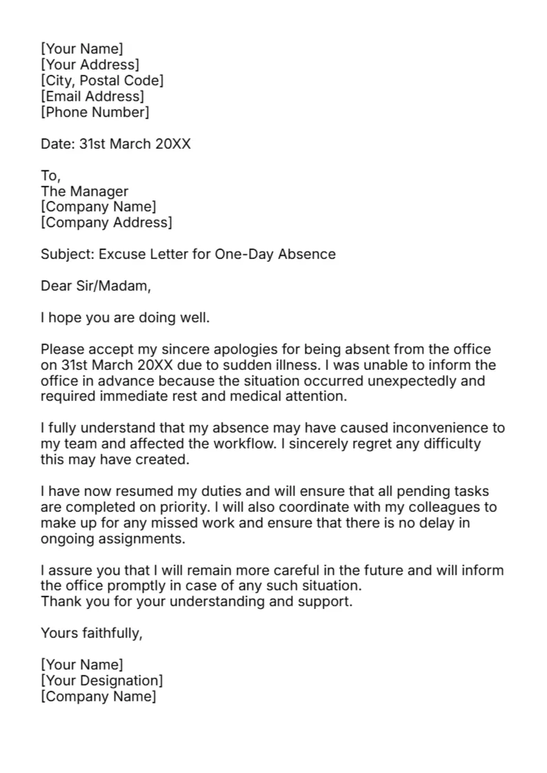 Excuse Letter for Missing a Day at the Office -Editor