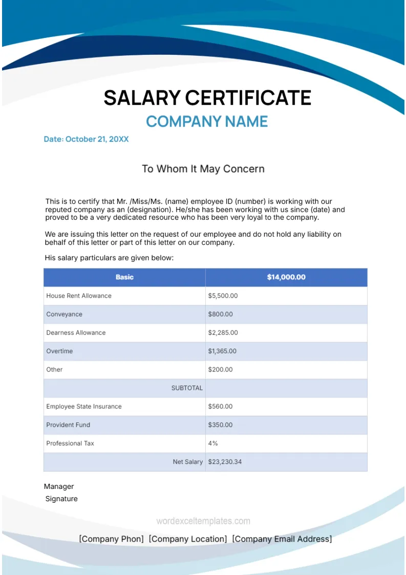 Salary Certificate Template -Editor