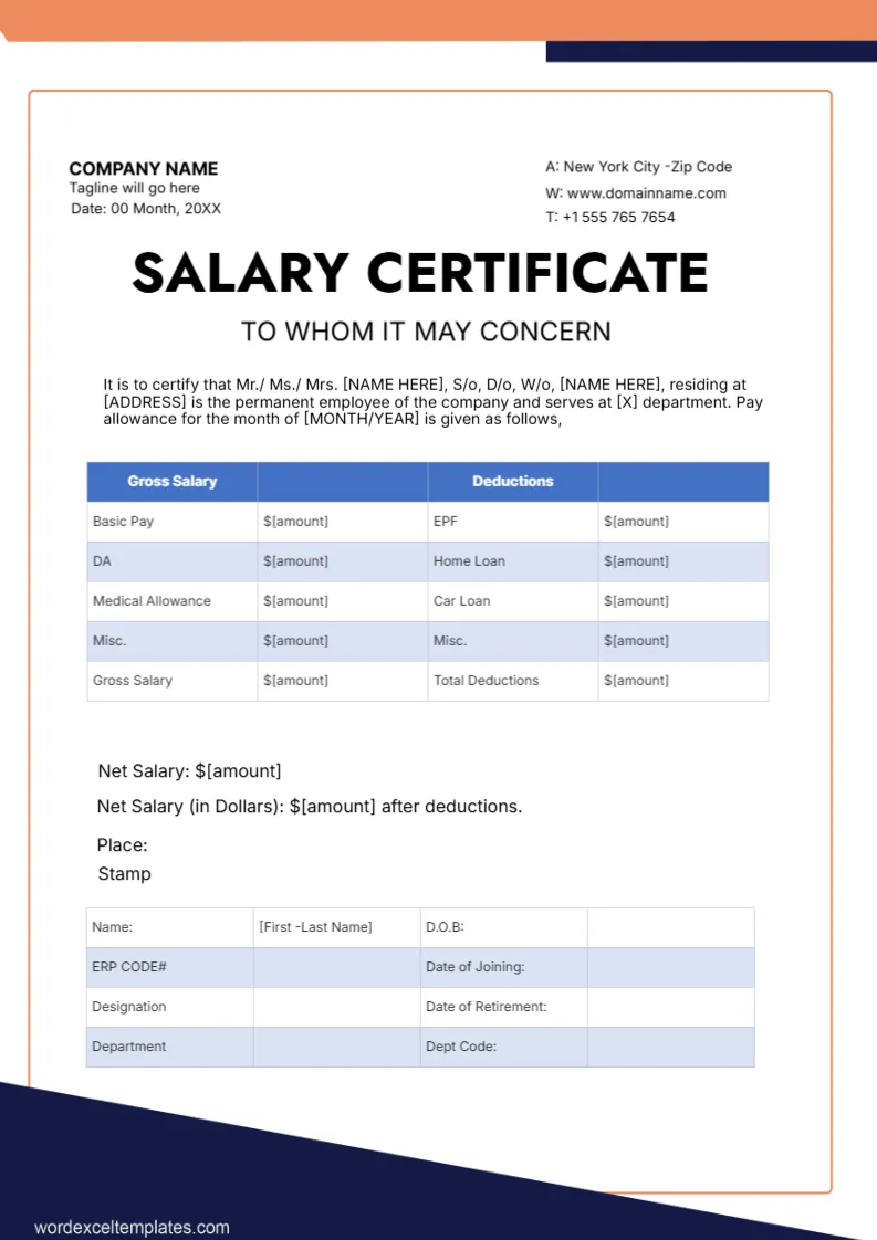 Salary Certificate Template -Editor