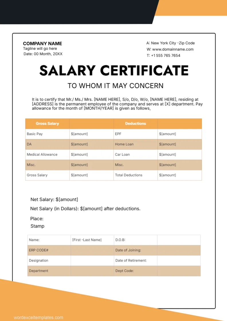 Salary Certificate Template -Editor