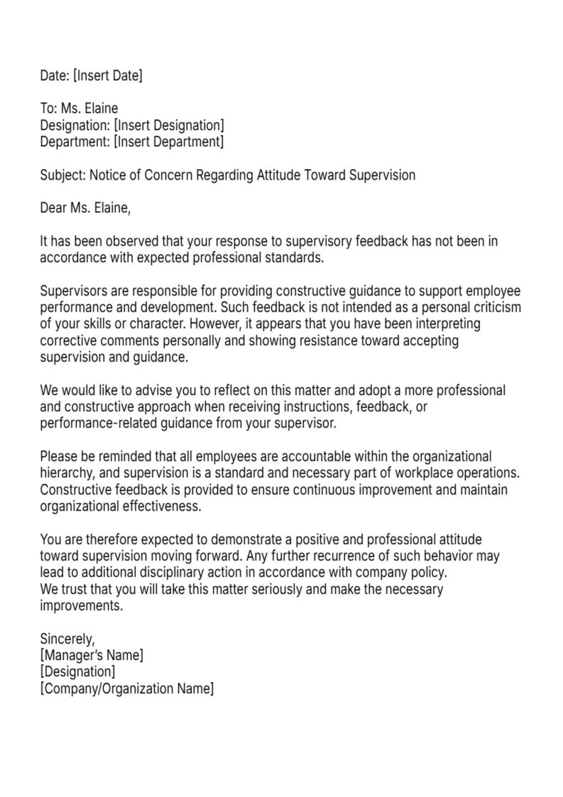Notice of Concern Regarding Workplace Attitude -Editor