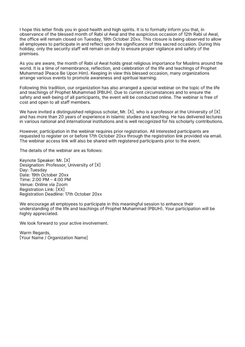 Rabi ul Awal Holiday Announcement Letter -Editor