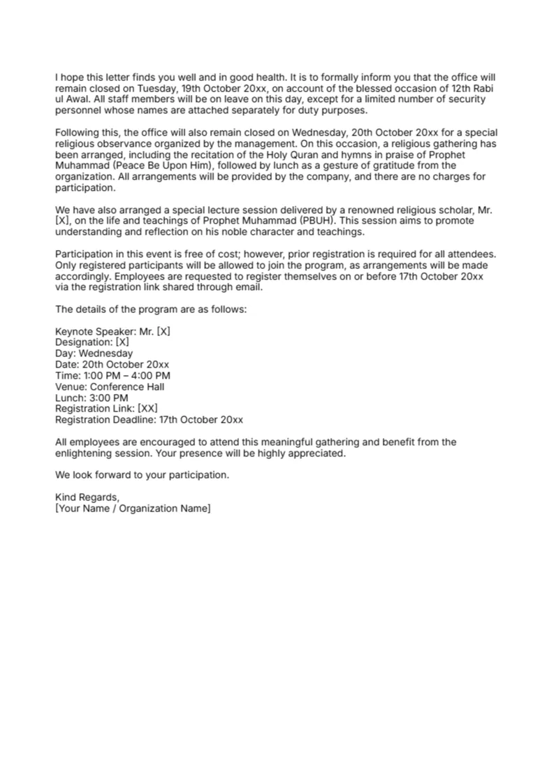 Rabi ul Awal Holiday Announcement Letter -Editor