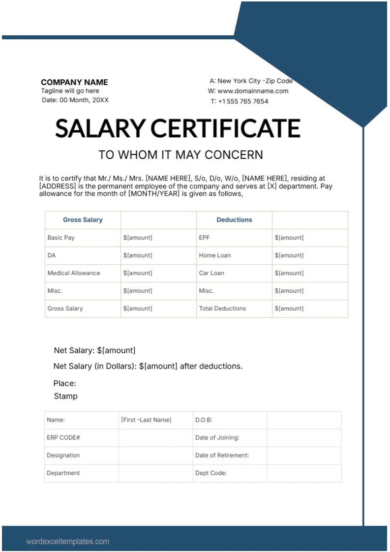 Salary Certificate Template -Editor