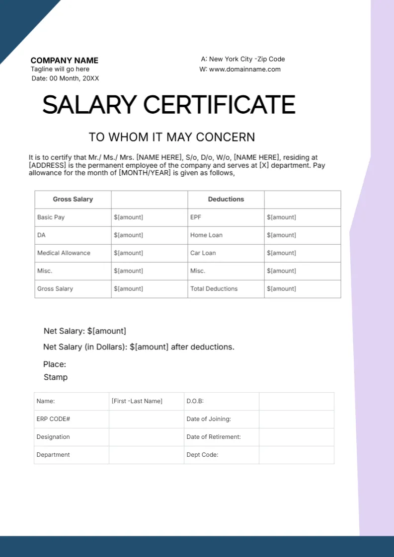 Salary Certificate Template -Editor