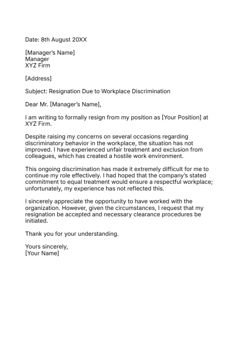 Resignation Letter Due to Discrimination -Editor