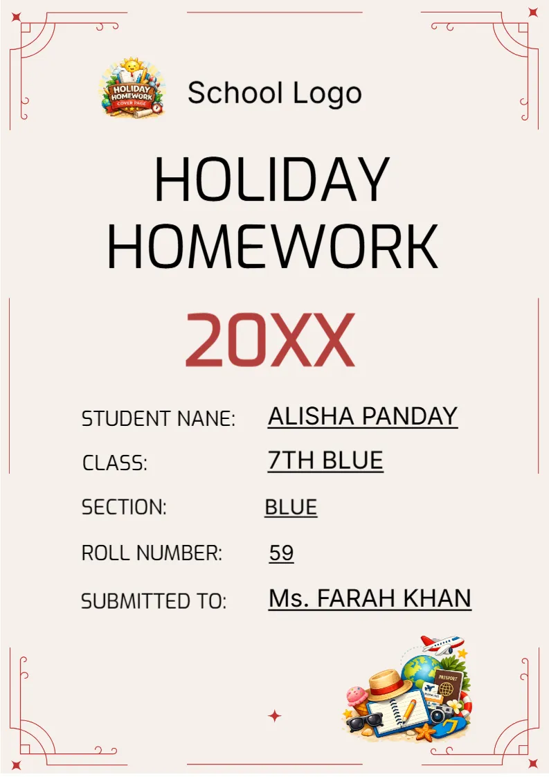 Holiday Homework Cover Page -Editor
