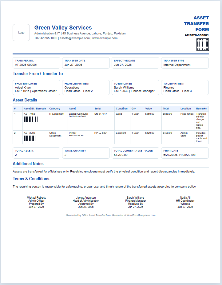 Office Asset Transfer Form Template