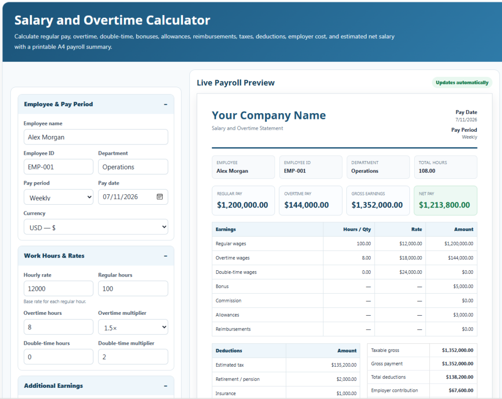 Salary and Overtime Calculator Template