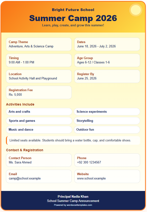 School Summer Camp Announcement Card Generator