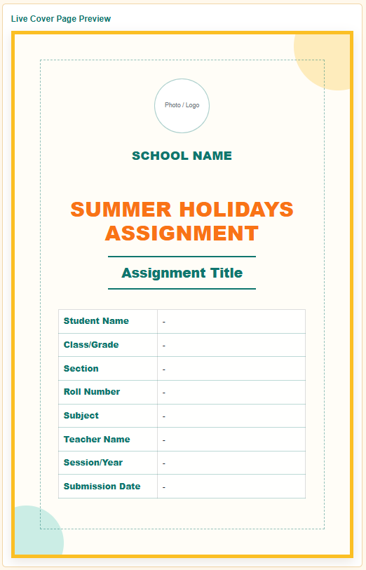 Summer Holiday Assignment Cover Page