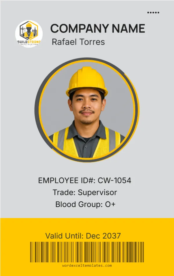 Construction Worker ID Card Template