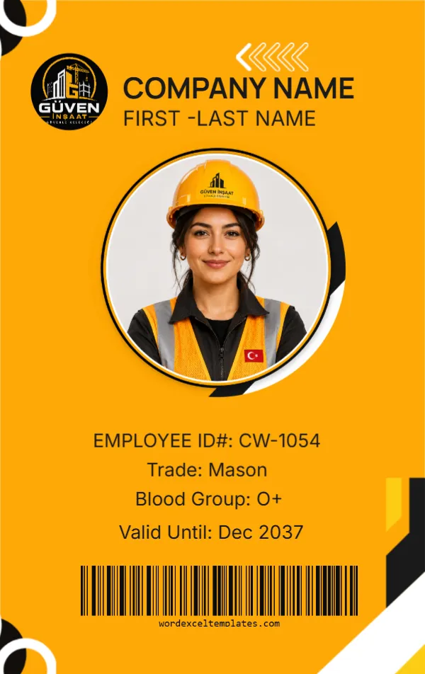 Construction Worker ID Card Template