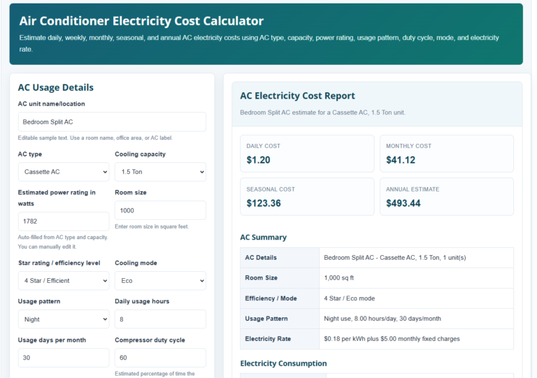 Air Conditioner Electricity Cost Calculator